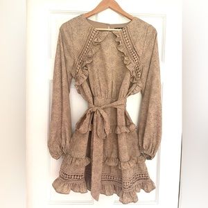 Tan Long Sleeve Ruffle Mini Dress